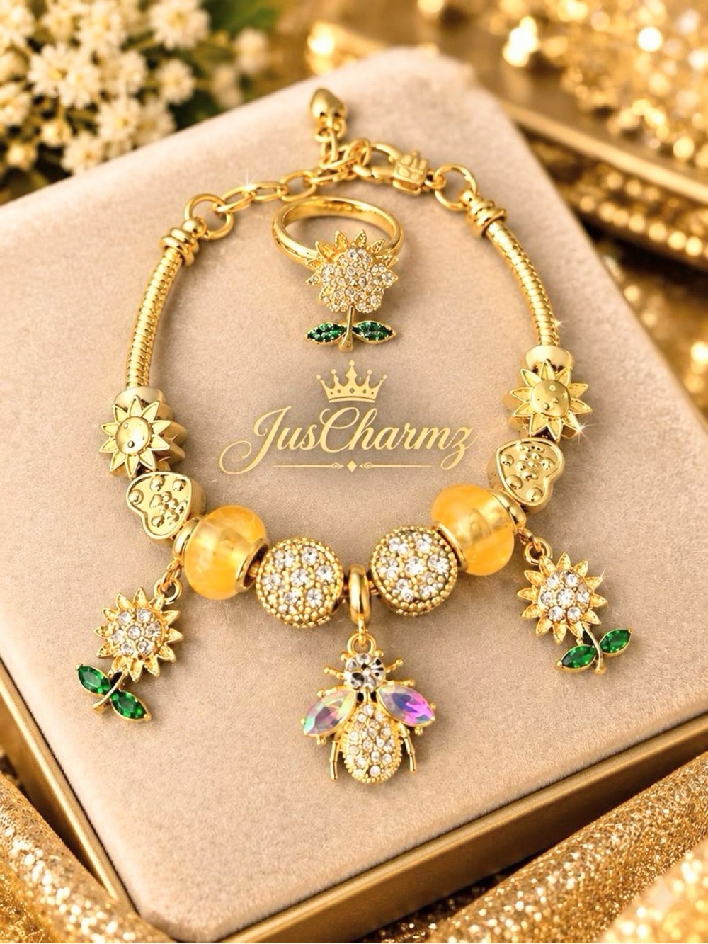 Sunflower & Bee Charm Bracelet with Ring Set